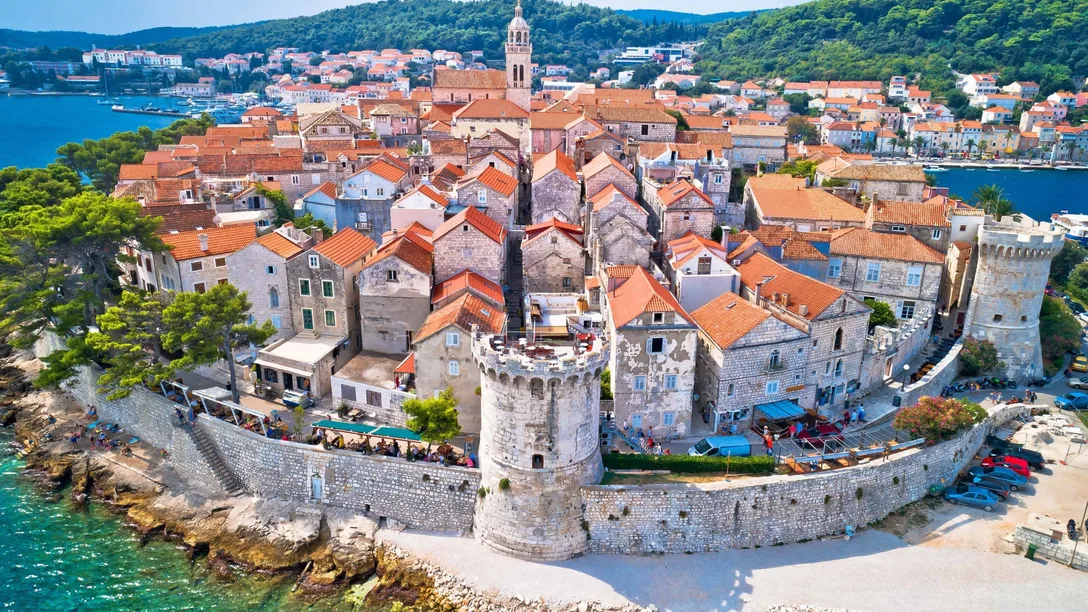 Historic town of Korcula aerial view island in archipelago of southern Croatia scaled