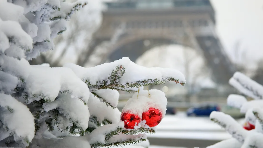 Uniworld Magical Parisian Holiday Christmas tree covered in snow